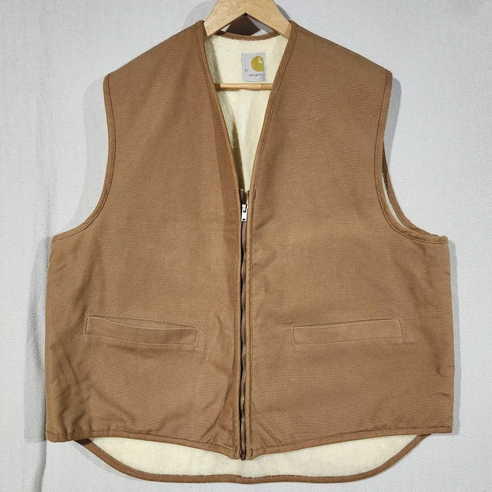 VTG Carhartt 6SV Men Sherpa Lined  Brown Duck Canvas Hunting Zip Workwear Vest
